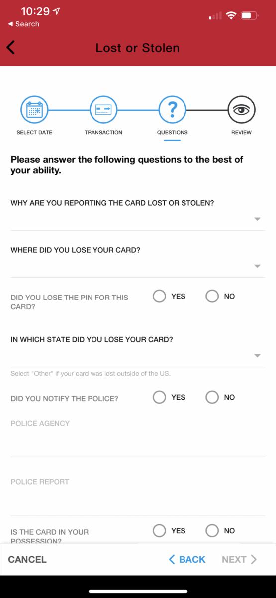 Report your card as lost or stolen screenshot